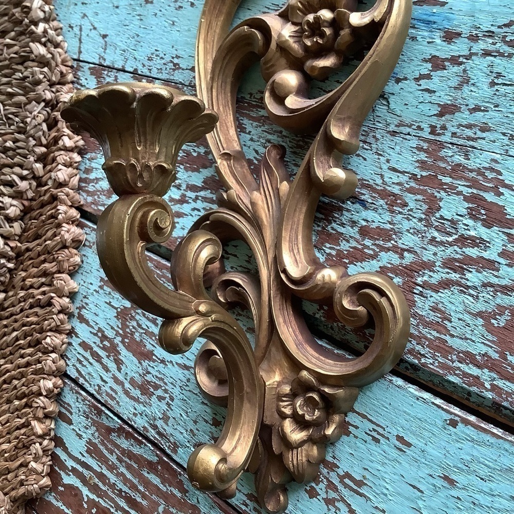 Vintage HOMCO Home Interiors Sconce Gold Candlestick Holder flowers 4118 Pair 2 - Picture 9 of 13